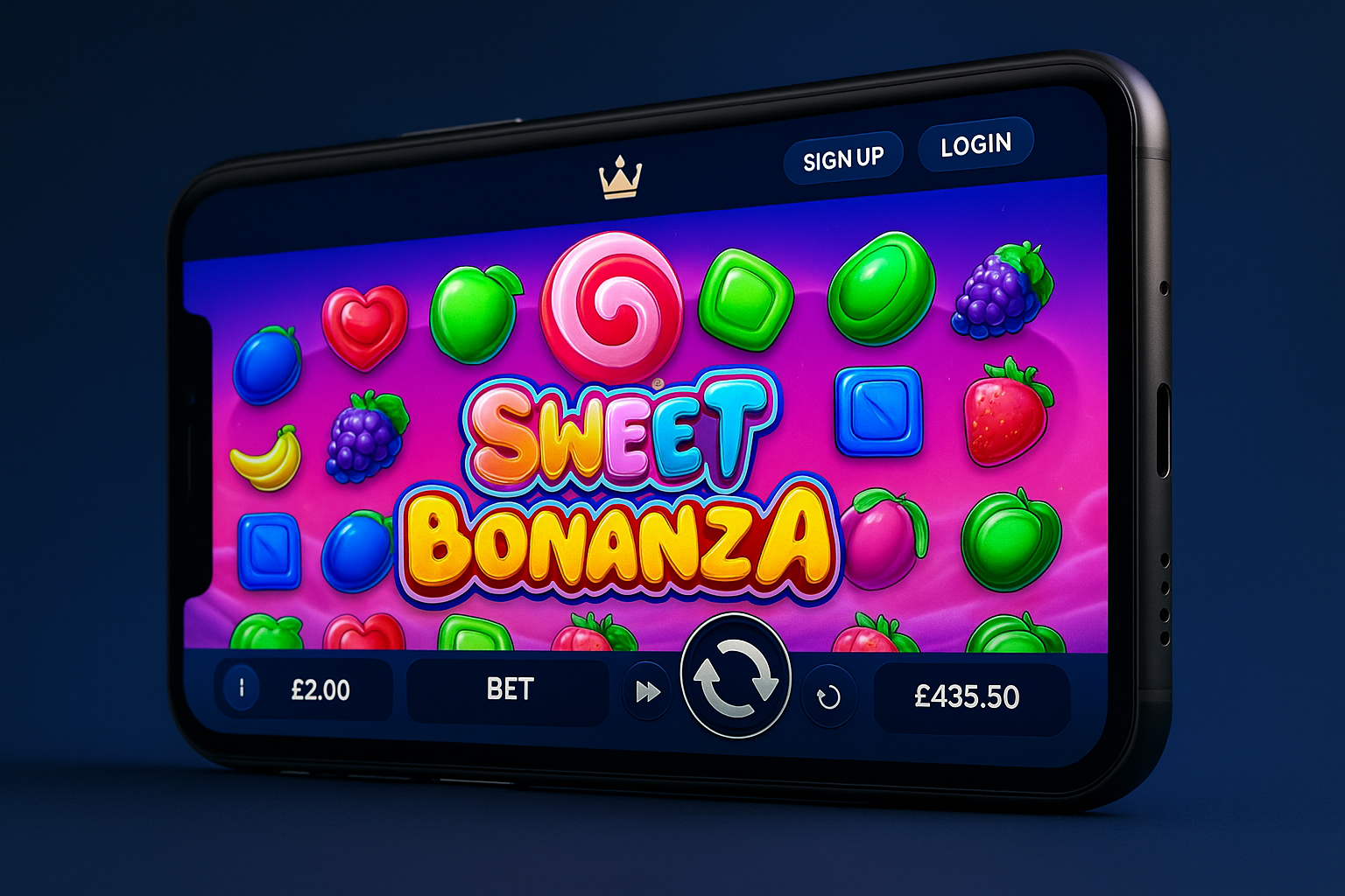 Sweet Bonanza app - Mobile phone showing Sweet Bonanza game interface