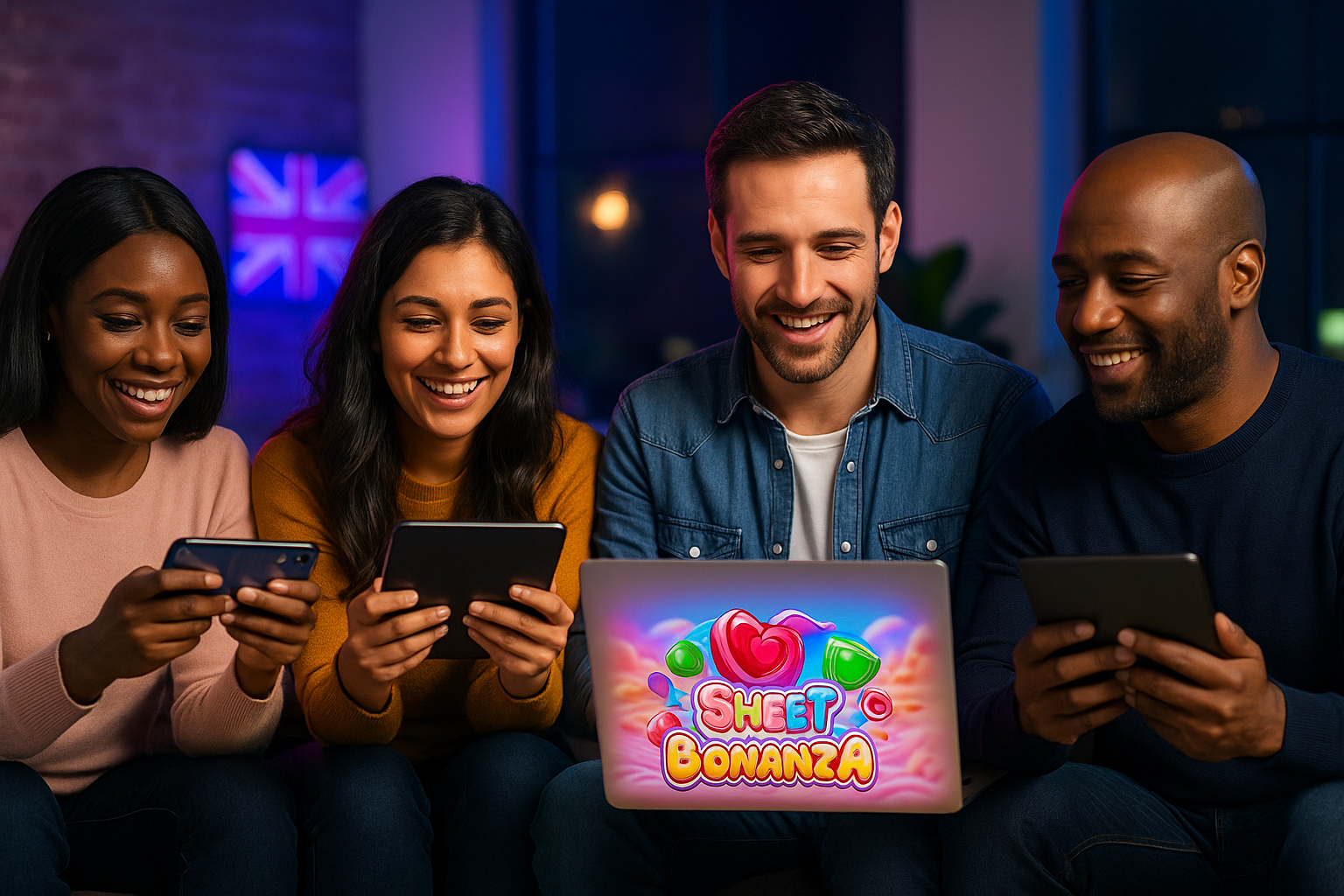 Diverse UK players enjoying Sweet Bonanza on different devices